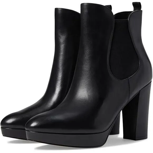 Cole Haan Remi Black Leather Almond Toe Block Heel Pull On Ankle Boots Size 9