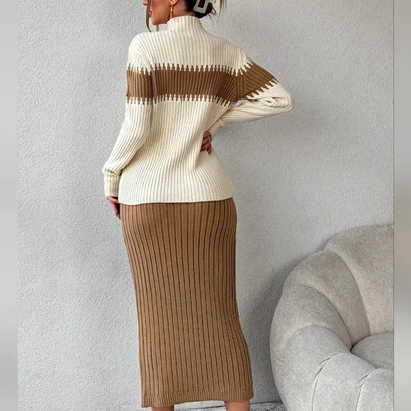 Color Block Mock Neck Sweater &amp; Knit Skirt