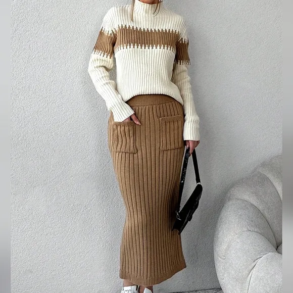 Color Block Mock Neck Sweater &amp; Knit Skirt