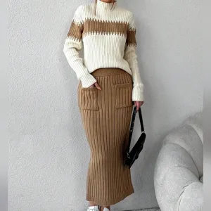 Color Block Mock Neck Sweater &amp; Knit Skirt