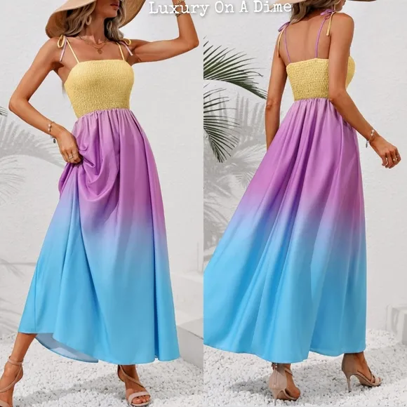 Colorful Ombre Rainbow Self-Tie Shoulder Smocked Bodice Maxi Dress Boho Hippie