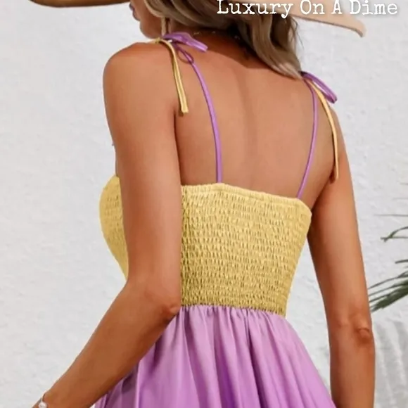 Colorful Ombre Rainbow Self-Tie Shoulder Smocked Bodice Maxi Dress Boho Hippie
