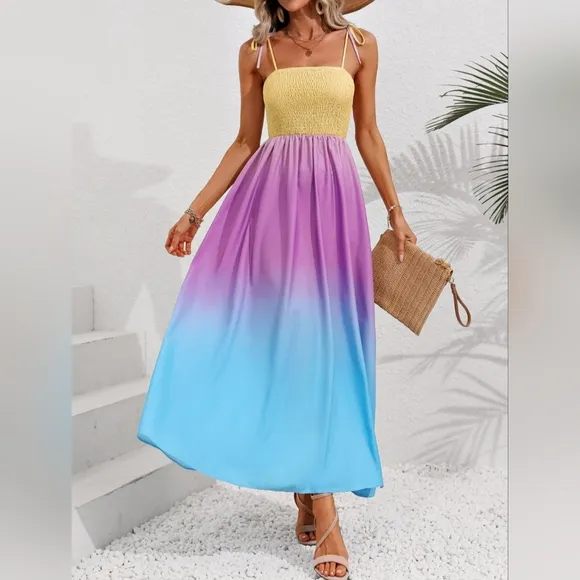 Colorful Ombre Rainbow Self-Tie Shoulder Smocked Bodice Maxi Dress Boho Hippie