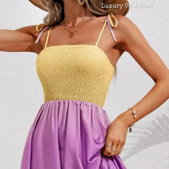 Colorful Ombre Rainbow Self-Tie Shoulder Smocked Bodice Maxi Dress Boho Hippie