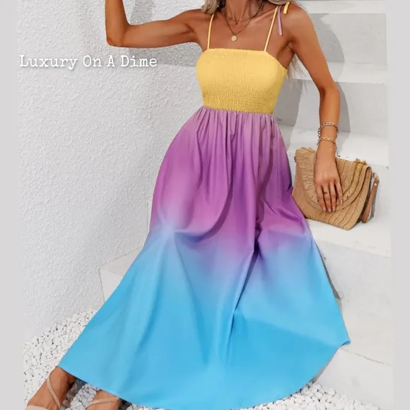 Colorful Ombre Rainbow Self-Tie Shoulder Smocked Bodice Maxi Dress Boho Hippie