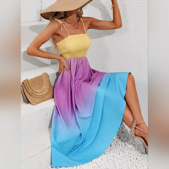 Colorful Ombre Rainbow Self-Tie Shoulder Smocked Bodice Maxi Dress Boho Hippie