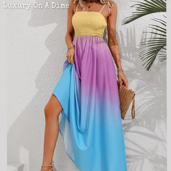 Colorful Ombre Rainbow Self-Tie Shoulder Smocked Bodice Maxi Dress Boho Hippie