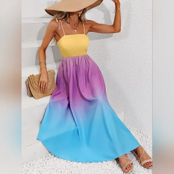Colorful Ombre Rainbow Self-Tie Shoulder Smocked Bodice Maxi Dress Boho Hippie