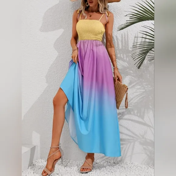 Colorful Ombre Rainbow Self-Tie Shoulder Smocked Bodice Maxi Dress Boho Hippie