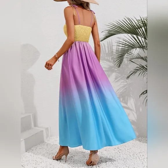 Colorful Ombre Rainbow Self-Tie Shoulder Smocked Bodice Maxi Dress Boho Hippie