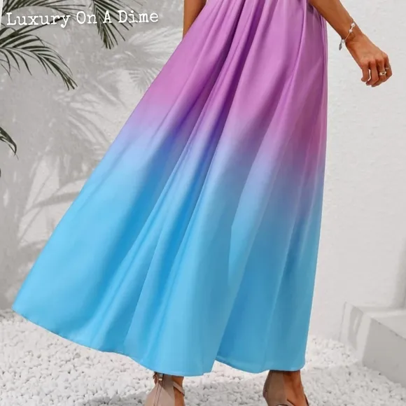 Colorful Ombre Rainbow Self-Tie Shoulder Smocked Bodice Maxi Dress Boho Hippie