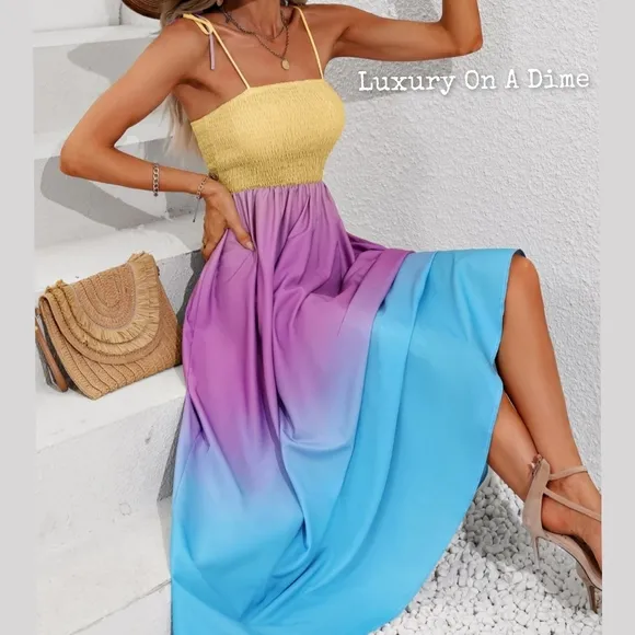 Colorful Ombre Rainbow Self-Tie Shoulder Smocked Bodice Maxi Dress Boho Hippie