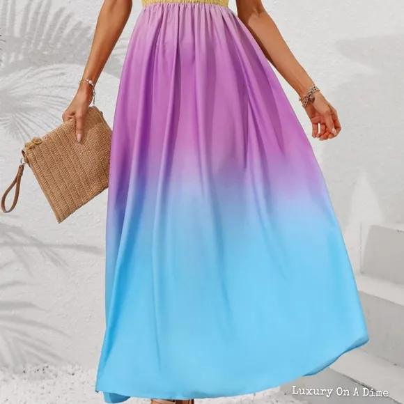 Colorful Ombre Rainbow Self-Tie Shoulder Smocked Bodice Maxi Dress Boho Hippie