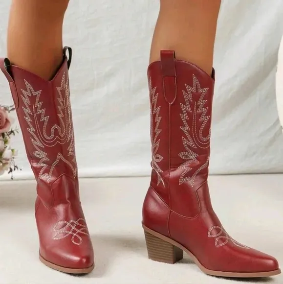 COPY - Women's Western Embroidered Vintage Boots With Block Heel, Mid Calf, V-C…