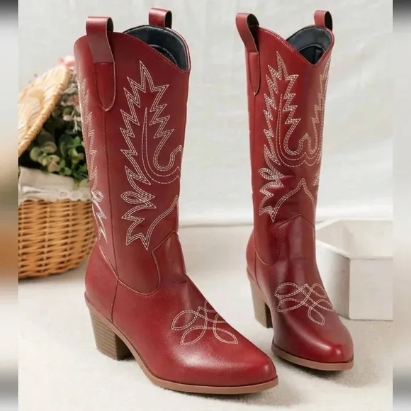 COPY - Women's Western Embroidered Vintage Boots With Block Heel, Mid Calf, V-C…