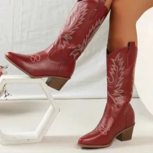 COPY - Women's Western Embroidered Vintage Boots With Block Heel, Mid Calf, V-C…
