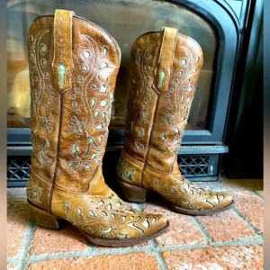 CORALL Cowboy Boots Brown Leather Tan Inlay Detailing SZ 8 Western Cowgirl