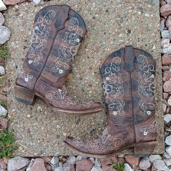 Corral brown leather embroidered western style cowgirl boots youth sz 4.5