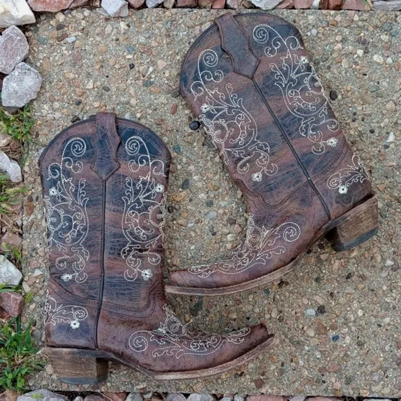 Corral brown leather embroidered western style cowgirl boots youth sz 4.5