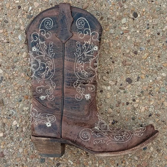 Corral brown leather embroidered western style cowgirl boots youth sz 4.5