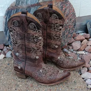 Corral brown leather embroidered western style cowgirl boots youth sz 4.5