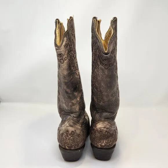 Corral Floral Embroidered Cowboy Western Boots 7.5 M Brown Distressed Leather