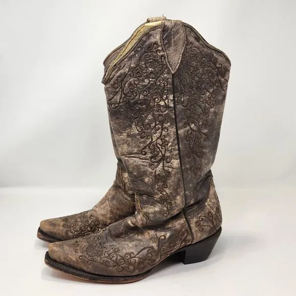 Corral Floral Embroidered Cowboy Western Boots 7.5 M Brown Distressed Leather