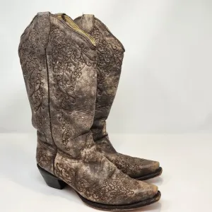Corral Floral Embroidered Cowboy Western Boots 7.5 M Brown Distressed Leather