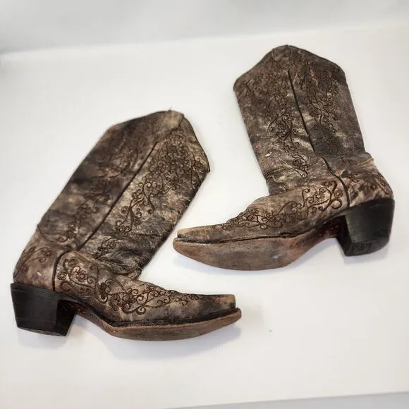 Corral Floral Embroidered Cowboy Western Boots 7.5 M Brown Distressed Leather