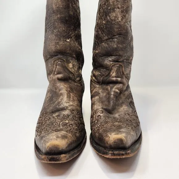 Corral Floral Embroidered Cowboy Western Boots 7.5 M Brown Distressed Leather