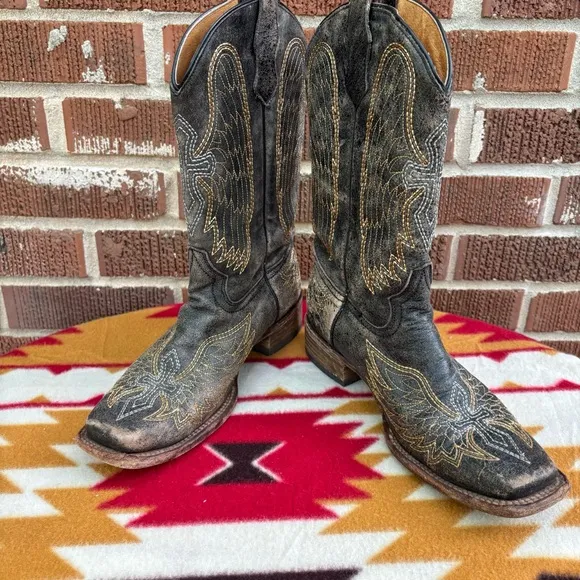 Corral Teens Wing &amp; Cross Boys A 1032 Black Leather Pull On Western Boots Size 5