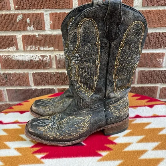 Corral Teens Wing &amp; Cross Boys A 1032 Black Leather Pull On Western Boots Size 5