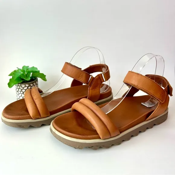 Cougar Nolo Sandals Cognac Brown Tan Leather Flatform Strappy Sawtooth Size 10
