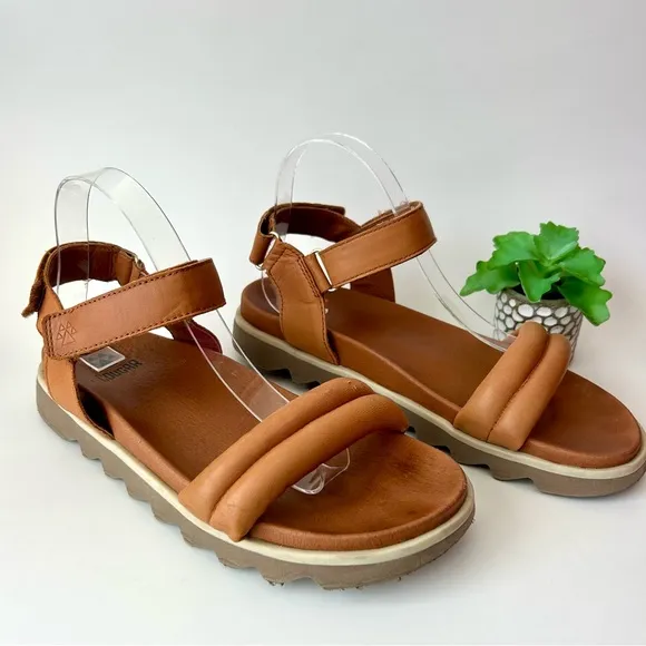 Cougar Nolo Sandals Cognac Brown Tan Leather Flatform Strappy Sawtooth Size 10