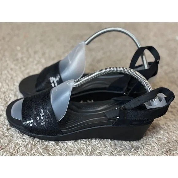 Crocs Wedge Sandals Sequin Strap Adjustable Hook Black Casual Size W9
