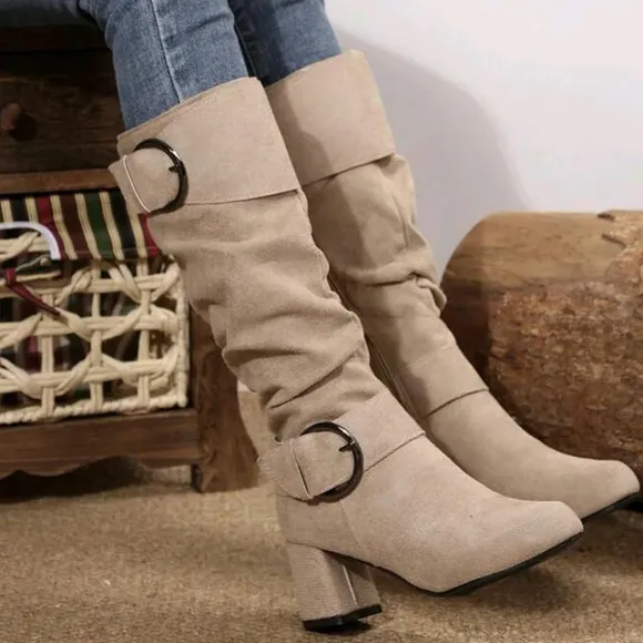 Cross-Border European And American Style Plus Size Knee-High Boots With Pleated