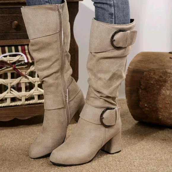 Cross-Border European And American Style Plus Size Knee-High Boots With Pleated