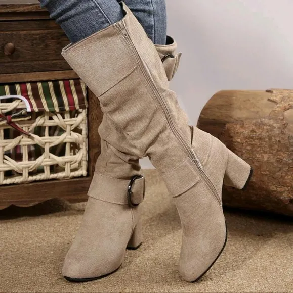 Cross-Border European And American Style Plus Size Knee-High Boots With Pleated