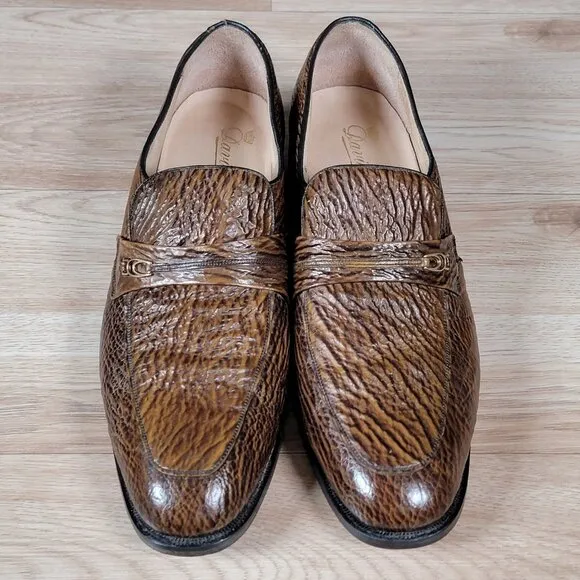 Davids Shoes Mens Size 12 B Narrow Brown Loafers Shark Skin Leather Round Toe