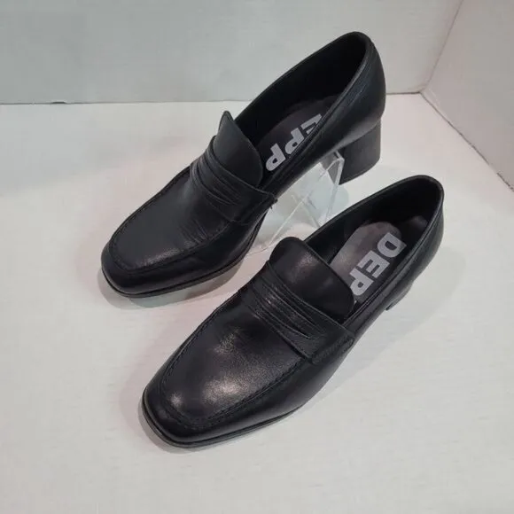Depp Leather Square Toe Heeled Loafers Size 39