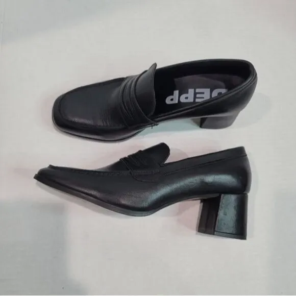 Depp Leather Square Toe Heeled Loafers Size 39