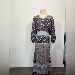 Diane Freis VTG Vintage Floral Long Maxi Sleeve Dress with Blue Accents