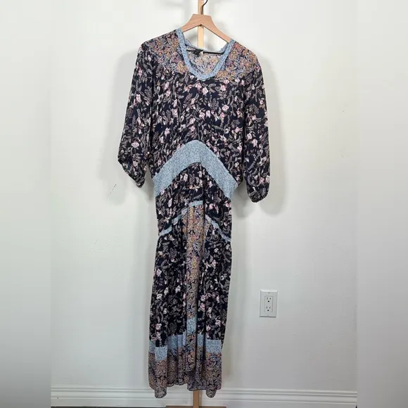 Diane Freis VTG Vintage Floral Long Maxi Sleeve Dress with Blue Accents