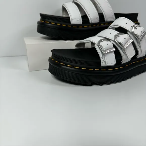 DOC BLAIRE LEATHER SLIDES SANDALS WOMENS SIZE 8 HORSESHOE BUCKLES 3 STRAP NEW