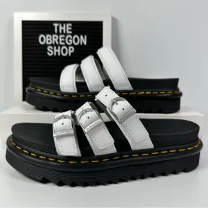 DOC BLAIRE LEATHER SLIDES SANDALS WOMENS SIZE 8 HORSESHOE BUCKLES 3 STRAP NEW