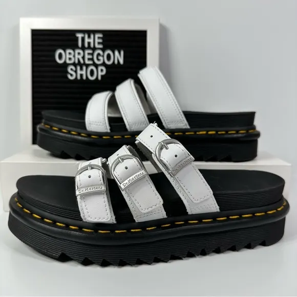 DOC BLAIRE LEATHER SLIDES SANDALS WOMENS SIZE 8 HORSESHOE BUCKLES 3 STRAP NEW