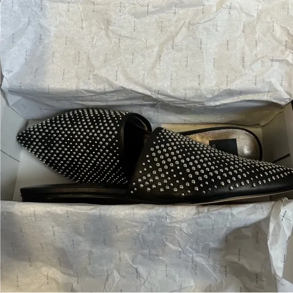 Dolce Vida New Elvah Black Leather and Silver Studded Flats Size 8.5