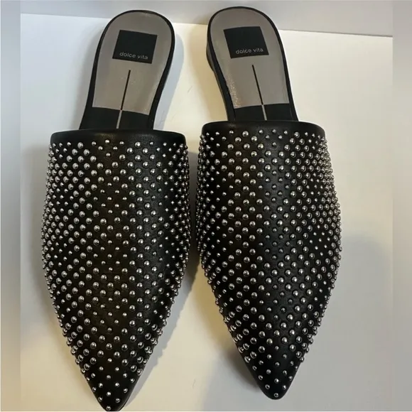 Dolce Vida New Elvah Black Leather and Silver Studded Flats Size 8.5