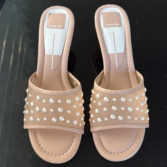 Dolce Vita Meeza Pearl Blush Tan Cream Kitten Heel Slide Sandals Sz 8