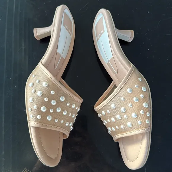 Dolce Vita Meeza Pearl Blush Tan Cream Kitten Heel Slide Sandals Sz 8
